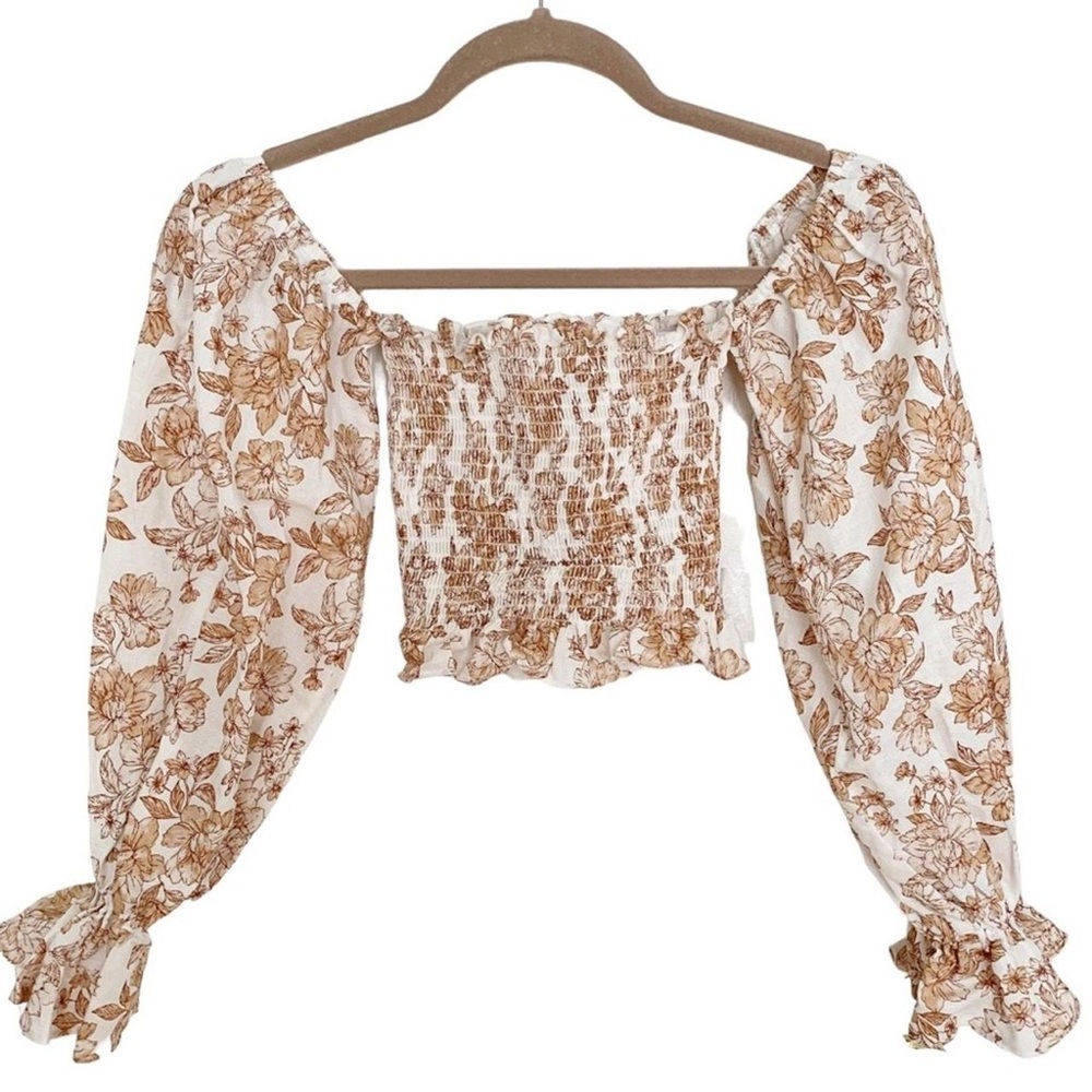 Petal & Pup White and Brown Floral Smocked Off-Shoulder Crop Top